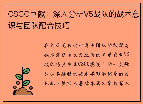 CSGO巨献：深入分析V5战队的战术意识与团队配合技巧