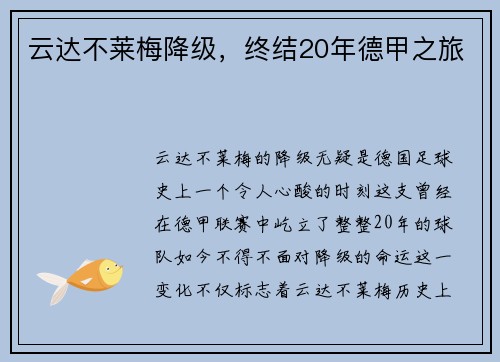 云达不莱梅降级，终结20年德甲之旅