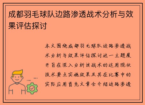 成都羽毛球队边路渗透战术分析与效果评估探讨
