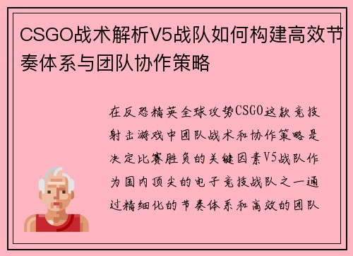 CSGO战术解析V5战队如何构建高效节奏体系与团队协作策略