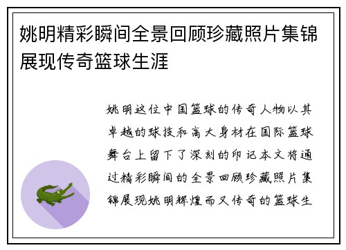 姚明精彩瞬间全景回顾珍藏照片集锦展现传奇篮球生涯