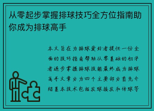 从零起步掌握排球技巧全方位指南助你成为排球高手
