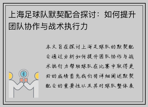 上海足球队默契配合探讨：如何提升团队协作与战术执行力
